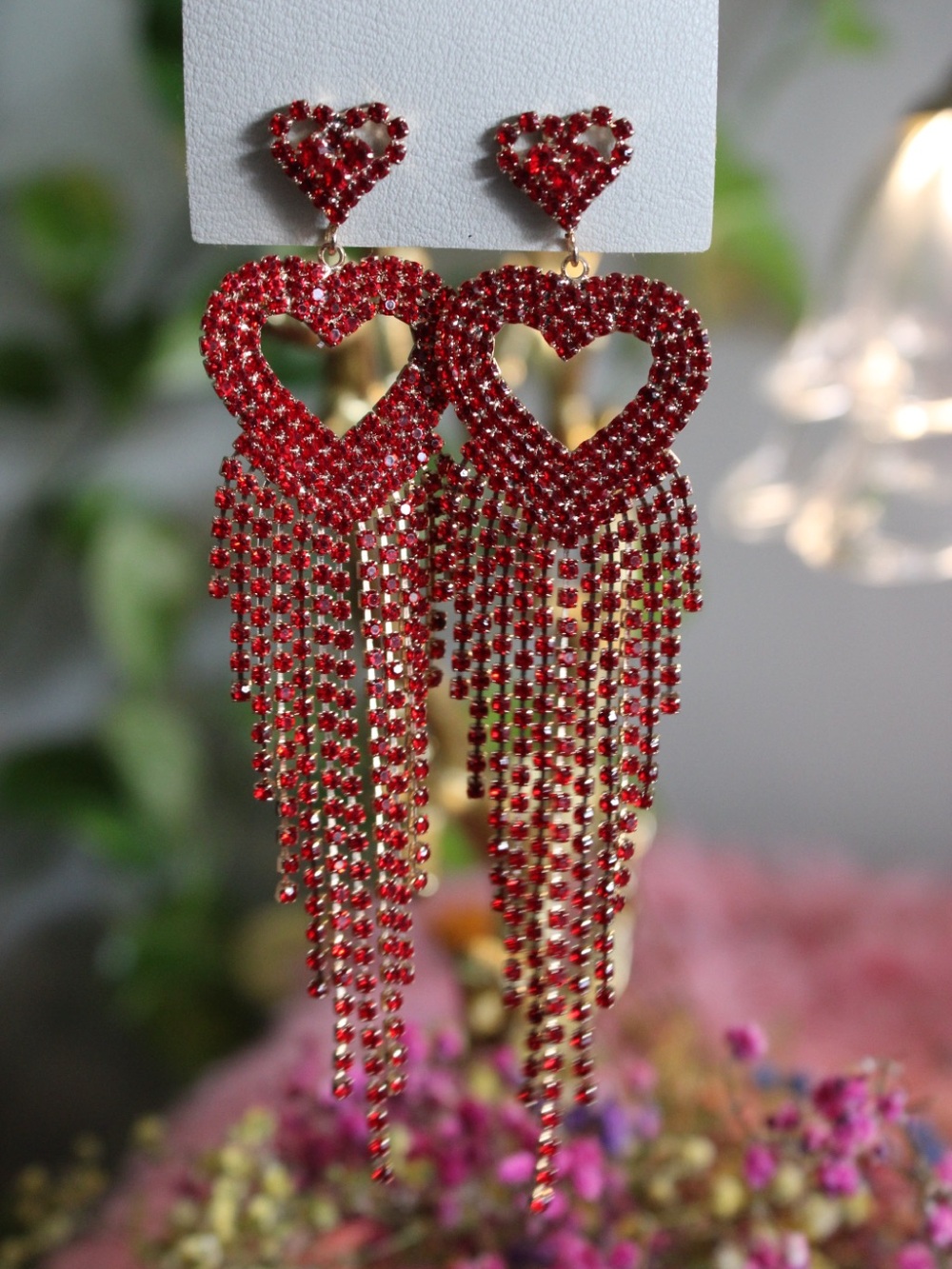 Urban Outfitters Red Crystal Heart Tassel Drop Earrings